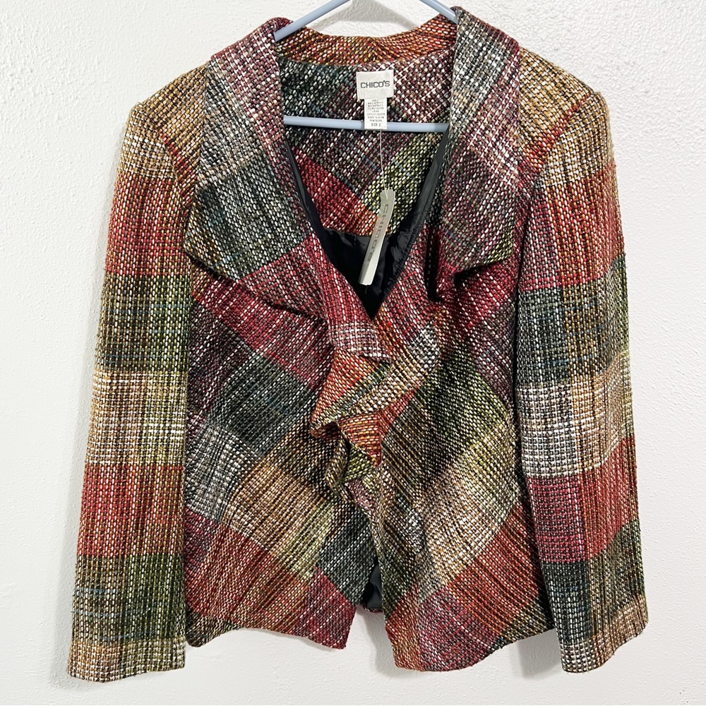 Chico's Multicolor Tweed Ruffle-Front Blazer in Red, Green, Gold, Black